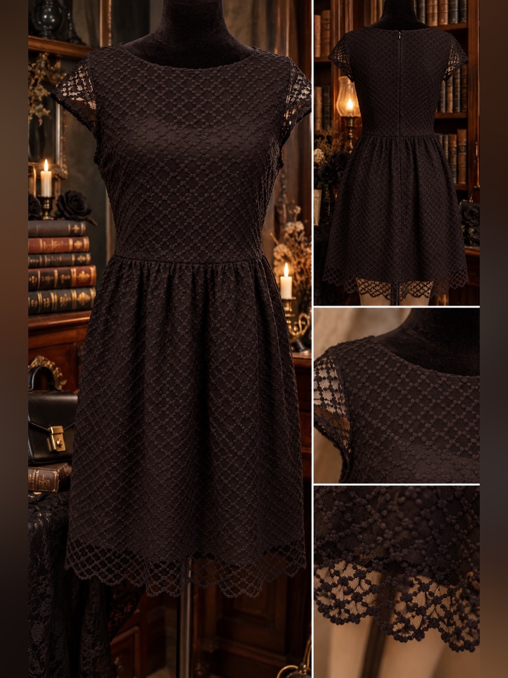Gianni Bini Black Lace Fit & Flare Dress Dark Academia Gothcore Evening Cocktail